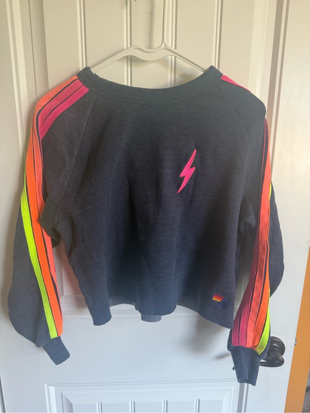 Aviator Nation Cropped Crew with Neon Rainbow Stripe Sleeves
